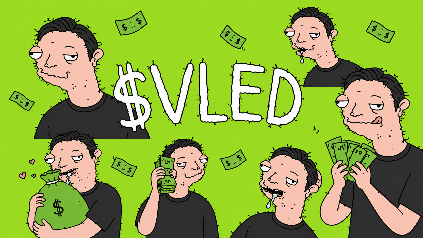 Vled surrounded by money with the hand-drawn VLED wordmark